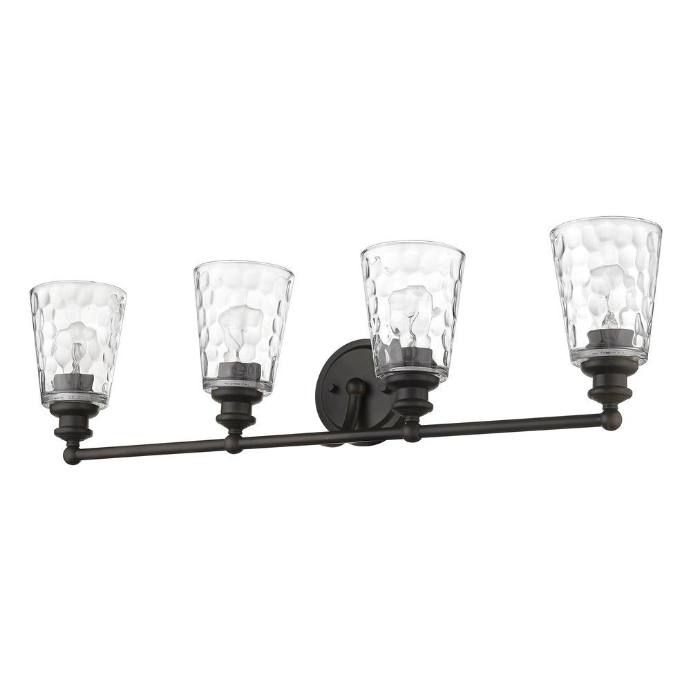 Four-light vanity light fixture in oil-rubbed bronze with clear hammered glass shades against a white background.