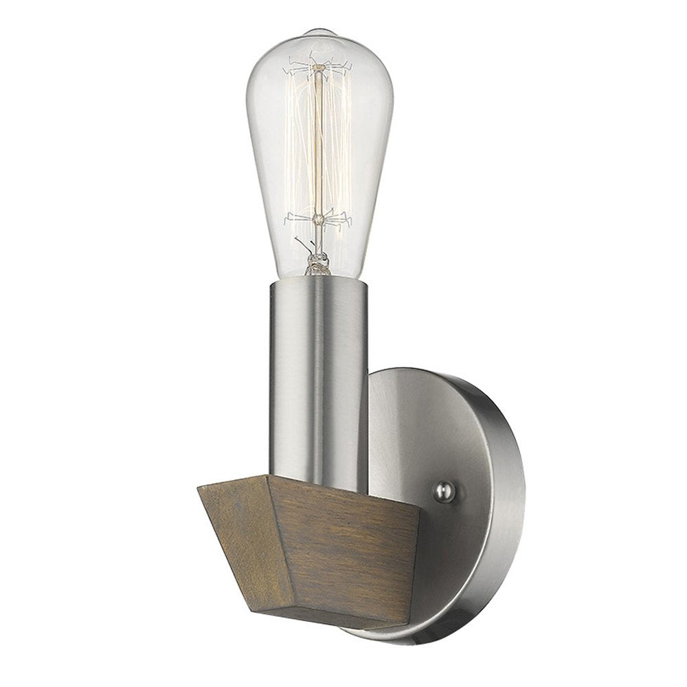 Silver metal and wood wall sconce with a clear Edison bulb against a white background.