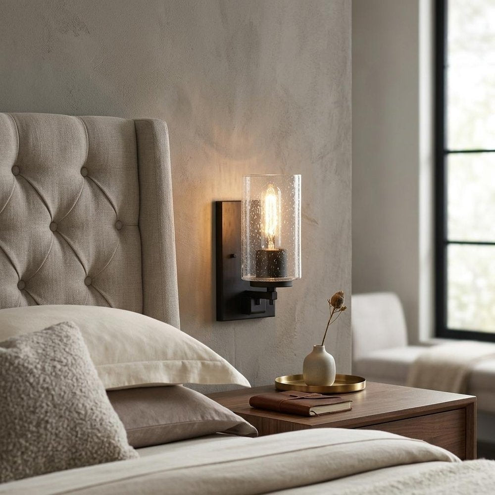 Black Metal and Textured Glass Wall Sconce