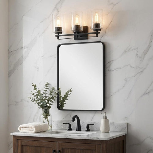 10" Black And Clear Metal Vanity Flush Mounted Sconce - with Striking Color Combination of Black and Clear mounted on a light gray wall in a furnished interior.