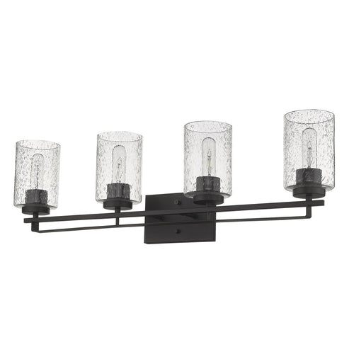 Black metal and clear seeded glass vanity light fixture with four bulbs mounted on a white background.