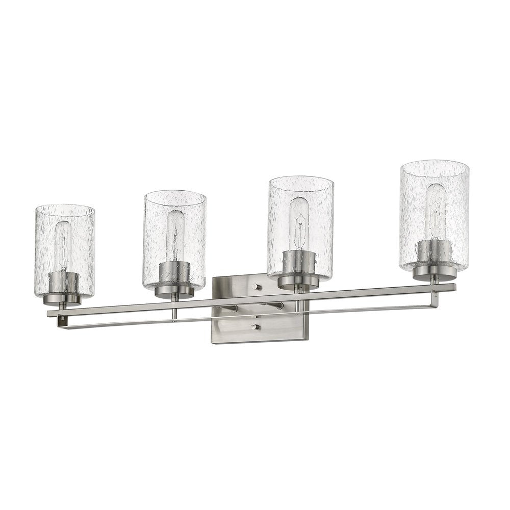 Four-light vanity light fixture in satin nickel with clear seeded glass shades against a white background.