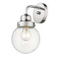 One Light Silver Wall Sconce with Round Glass Shade on a white background