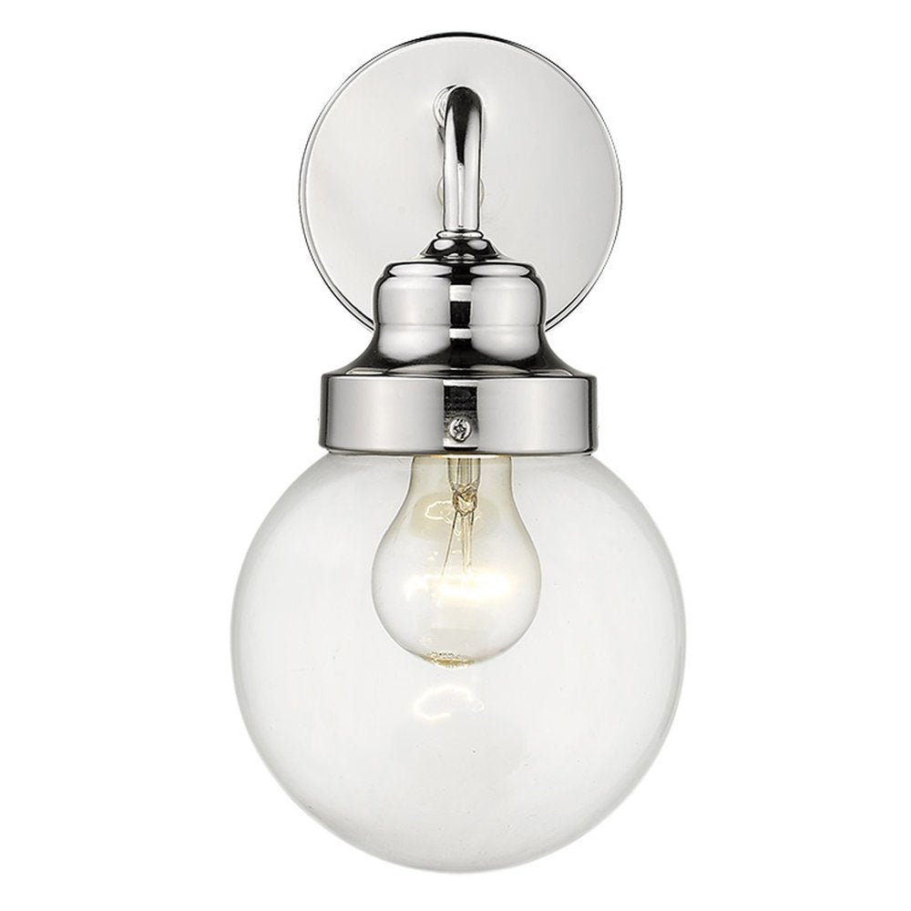 One Light Silver Wall Sconce with Round Glass Shade on a white background
