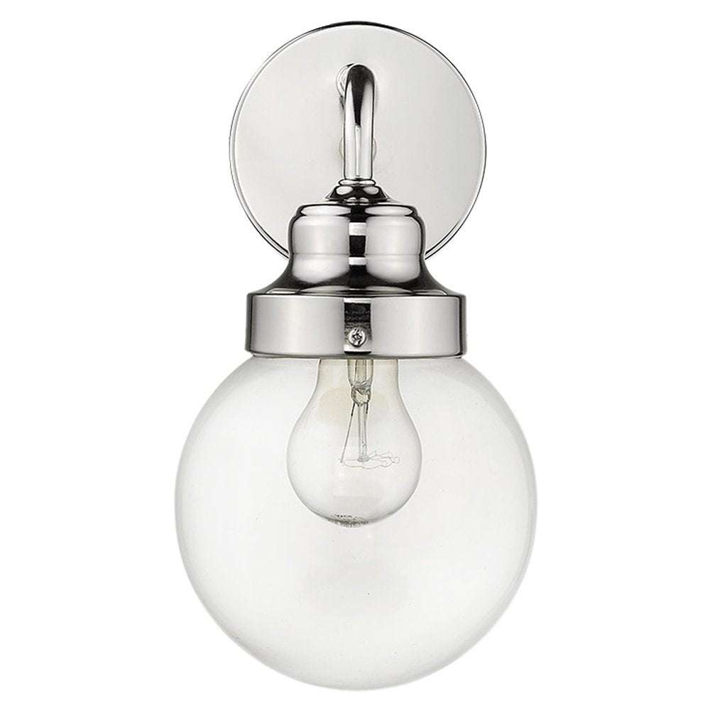 One Light Silver Wall Sconce with Round Glass Shade on a white background