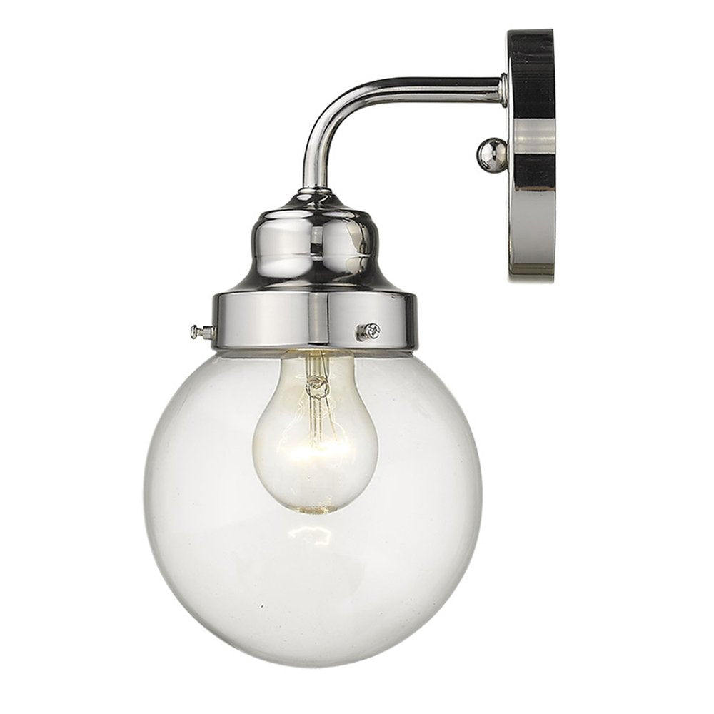 One Light Silver Wall Sconce with Round Glass Shade on a white background
