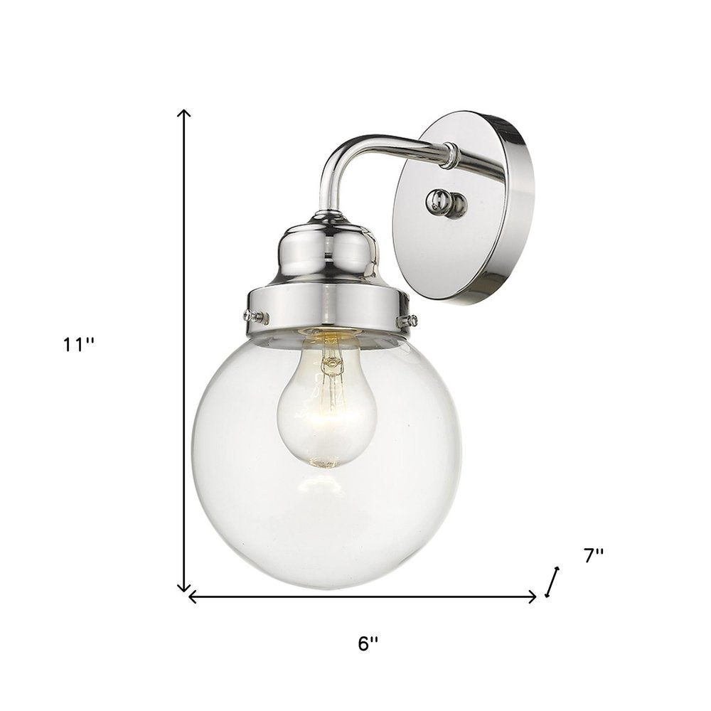 One Light Silver Wall Sconce with Round Glass Shade on a white background