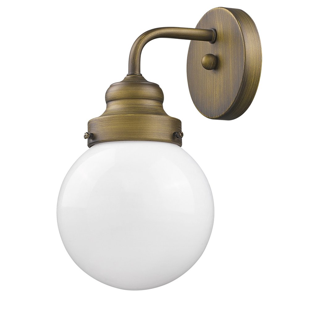 One Light Gold Wall Sconce with Round Glass Shade on a white background