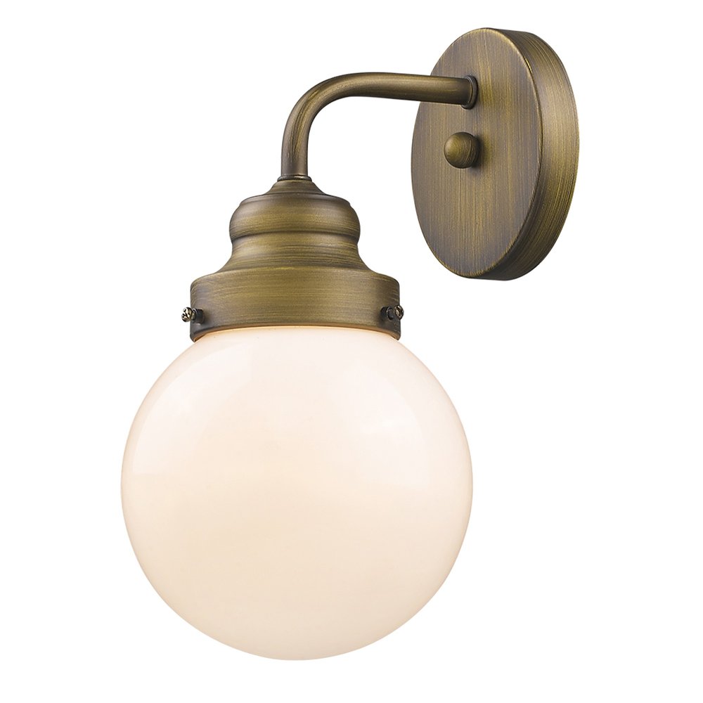 One Light Gold Wall Sconce with Round Glass Shade on a white background