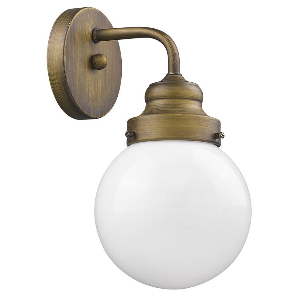 One Light Gold Wall Sconce with Round Glass Shade on a white background