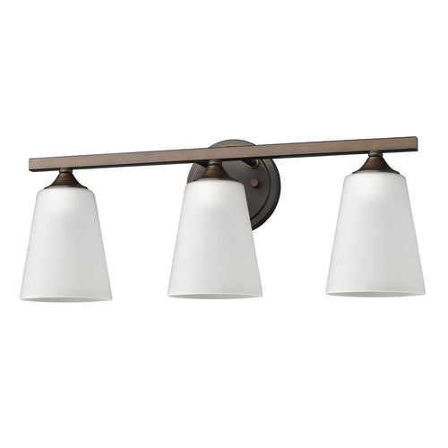 Bronze and white three-light flush mounted sconce with conical glass shades against a white background.