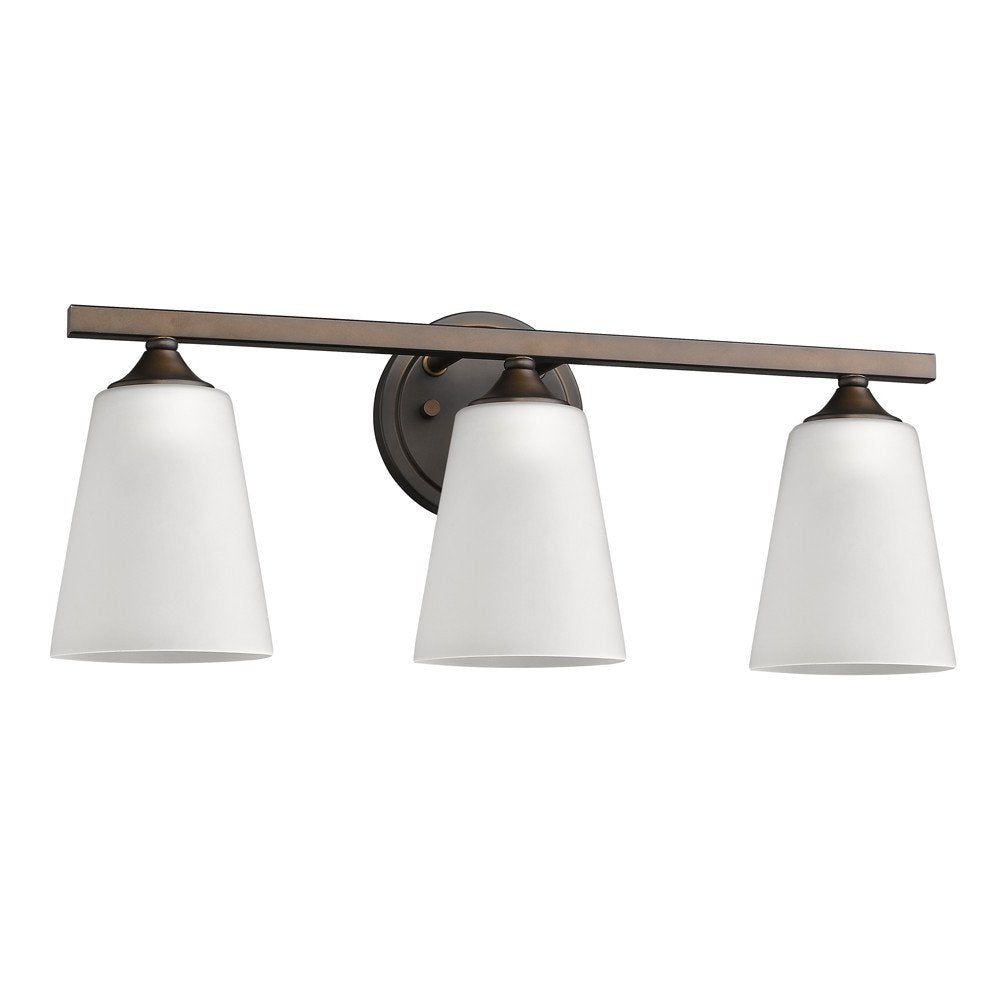 21" Bronze And White Metal and Glass Three Lights Flush Mounted Sconce. Wall light isolated on a plain white background, in a white glass finish.