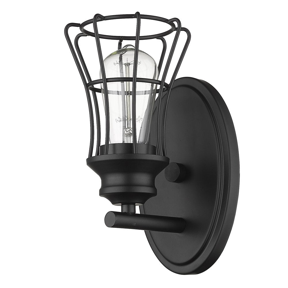 Matte black metal wall sconce with a cage design and exposed Edison bulb on a white background.