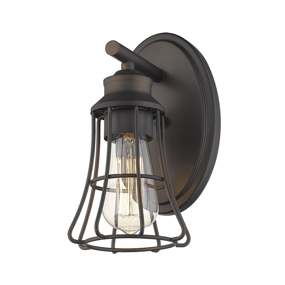 Bronze industrial cage wall light with a clear Edison bulb against a white background.