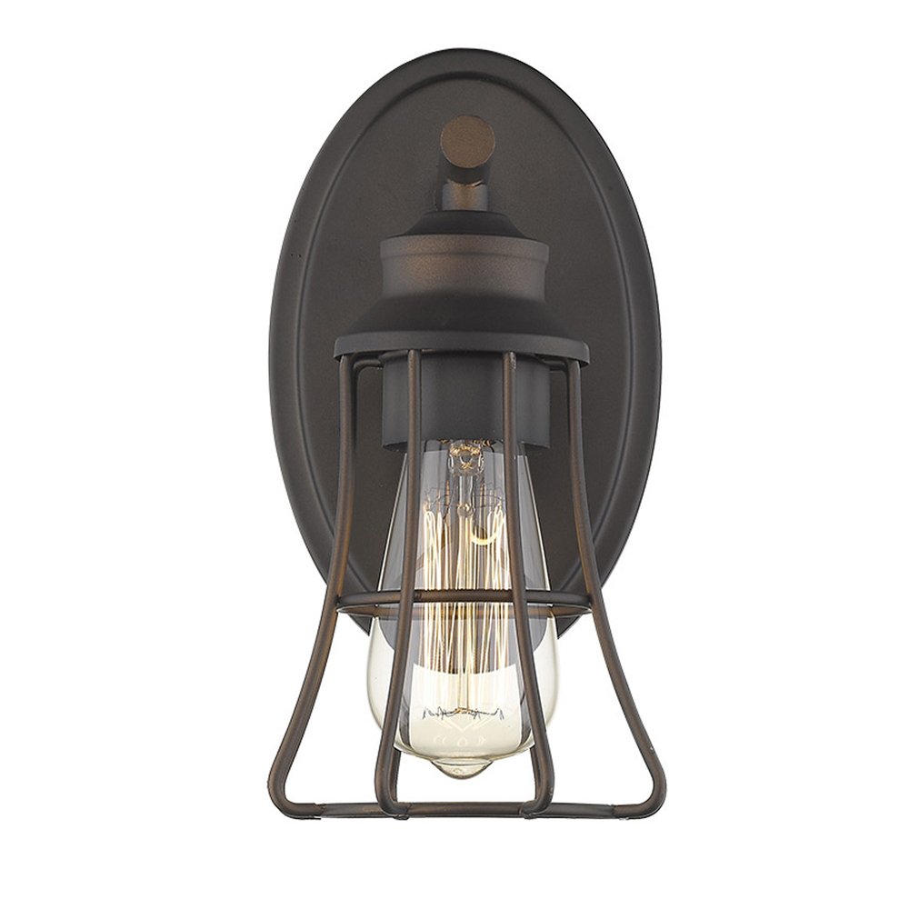 One Light Bronze Cage Wall Light on a white background