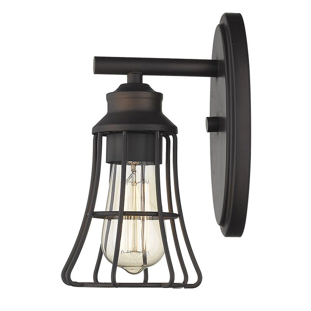 One Light Bronze Cage Wall Light on a white background