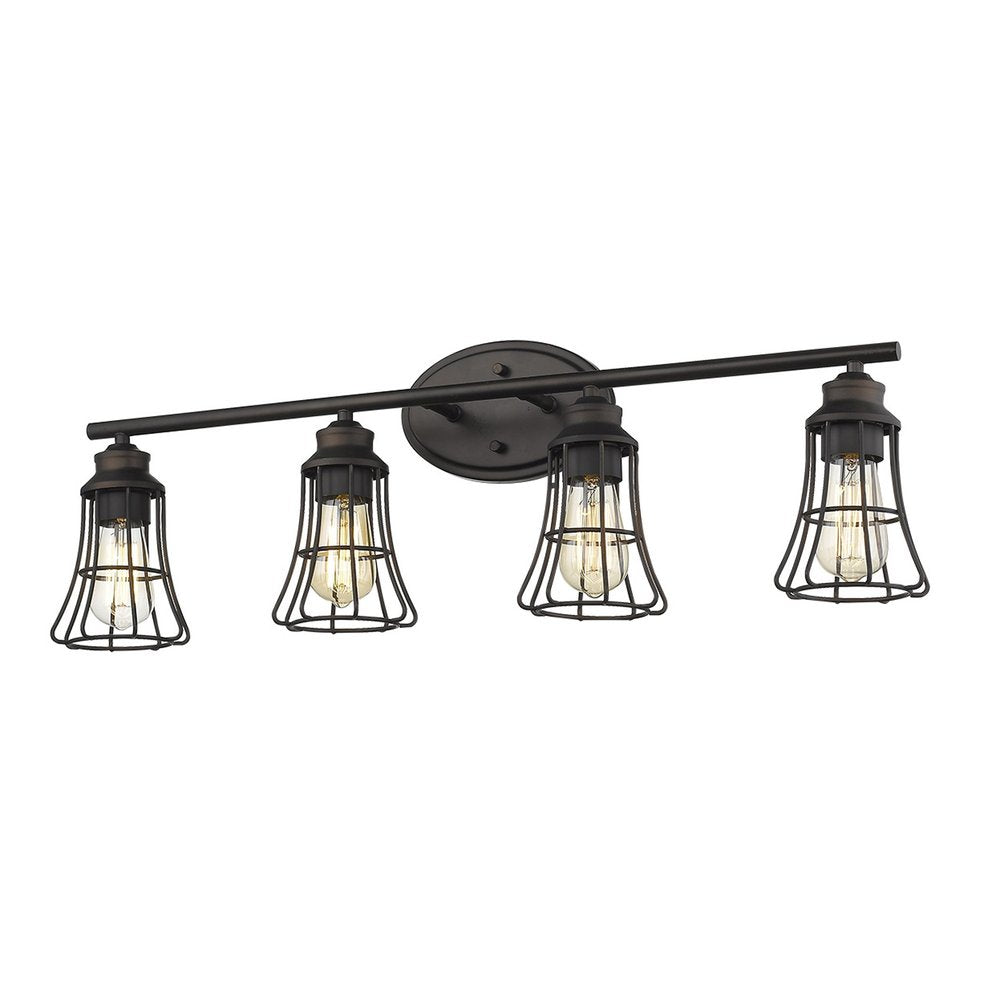 Four-light oil-rubbed bronze vanity light with cage shades on a white background.