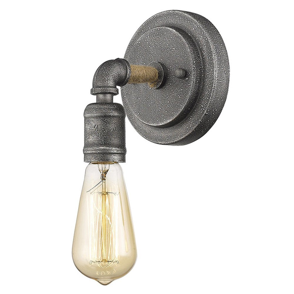 Industrial wall light with textured gray finish, exposed filament bulb, and rope accent on a white background.