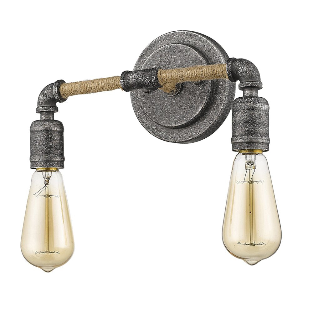 Two-light industrial wall light with textured gray finish and rope accents, featuring Edison-style bulbs on a white background.