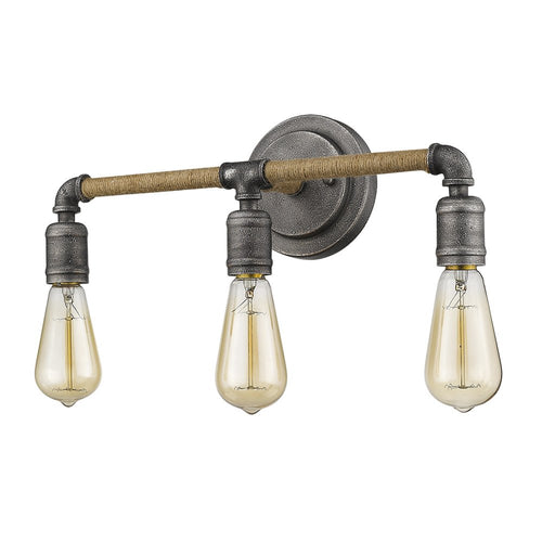 Black metal pipe vanity light with three Edison bulbs and rope accents on a white background.