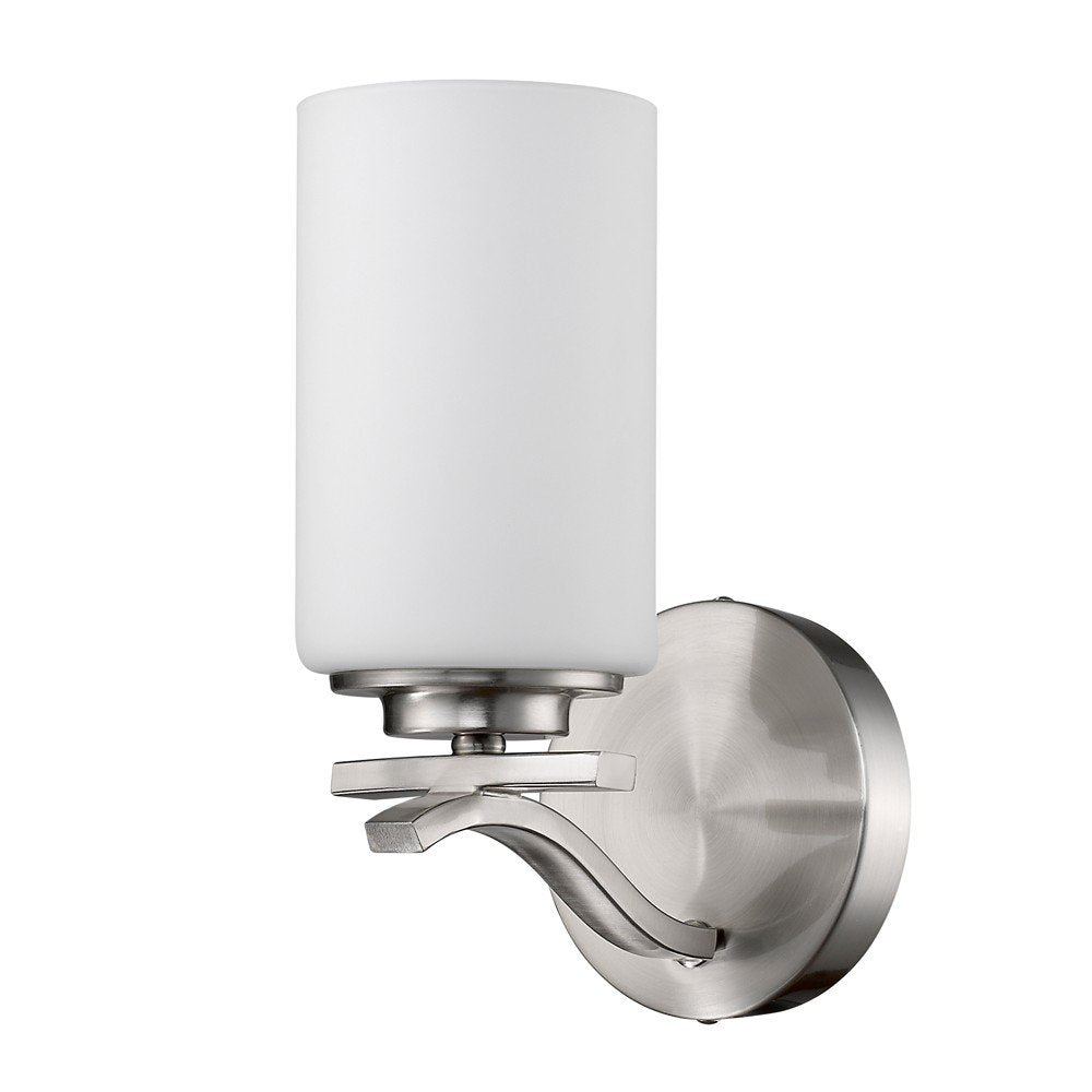 Brushed nickel wall sconce with a white glass cylinder shade against a white background.