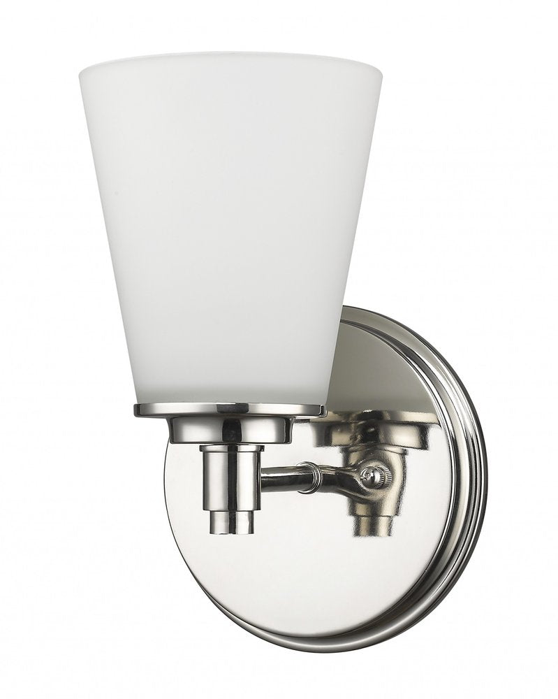 A silver wall light with a frosted glass shade against a white background.