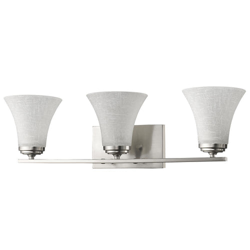 Brushed nickel and white glass three-light flush mount sconce on a white background.