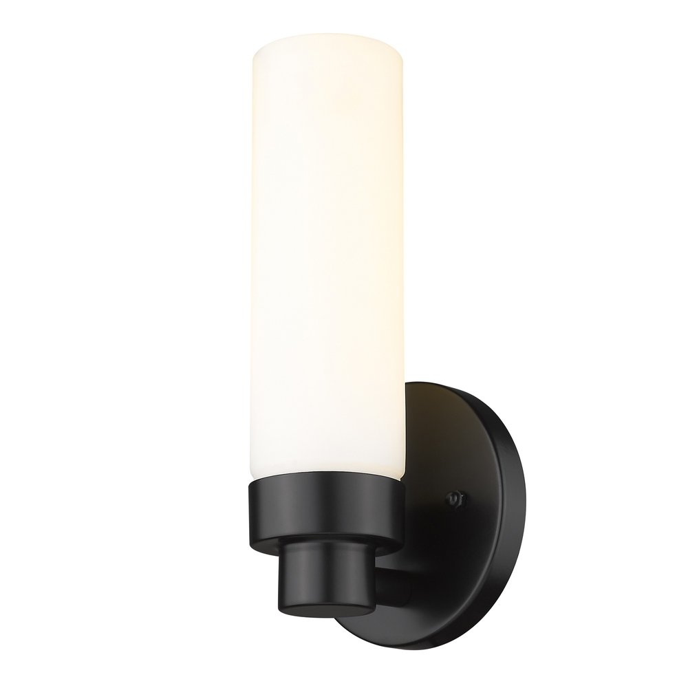 Matte Black Wall Light with Narrow Frosted Glass Shade on a white background