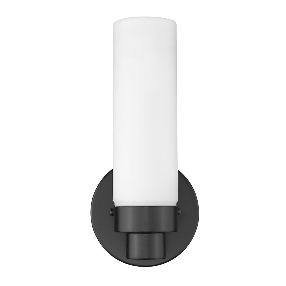 Matte Black Wall Light with Narrow Frosted Glass Shade on a white background