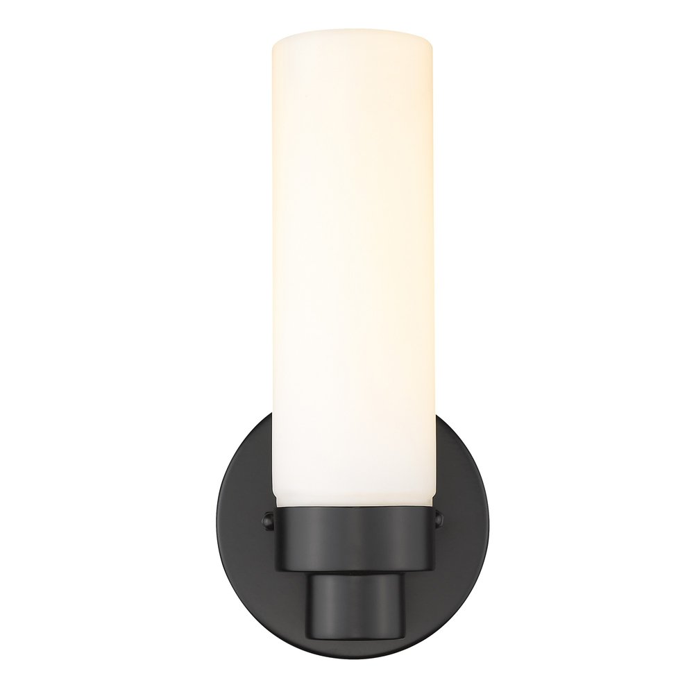 Matte Black Wall Light with Narrow Frosted Glass Shade on a white background