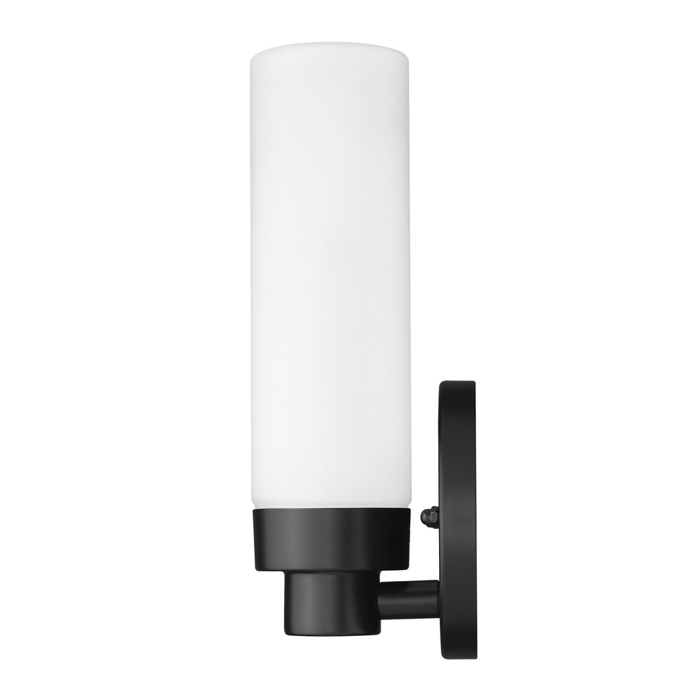 Matte Black Wall Light with Narrow Frosted Glass Shade on a white background