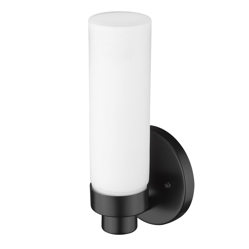 Matte Black Wall Light with Narrow Frosted Glass Shade on a white background