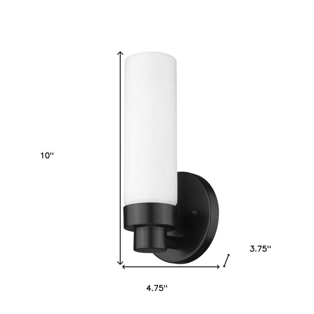 Matte Black Wall Light with Narrow Frosted Glass Shade on a white background
