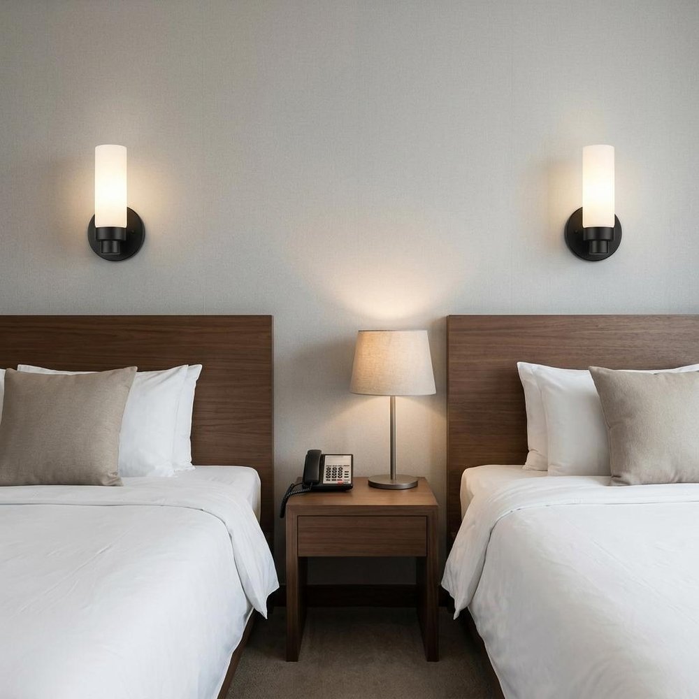 Matte Black Wall Light with Narrow Frosted Glass Shade in a home interior