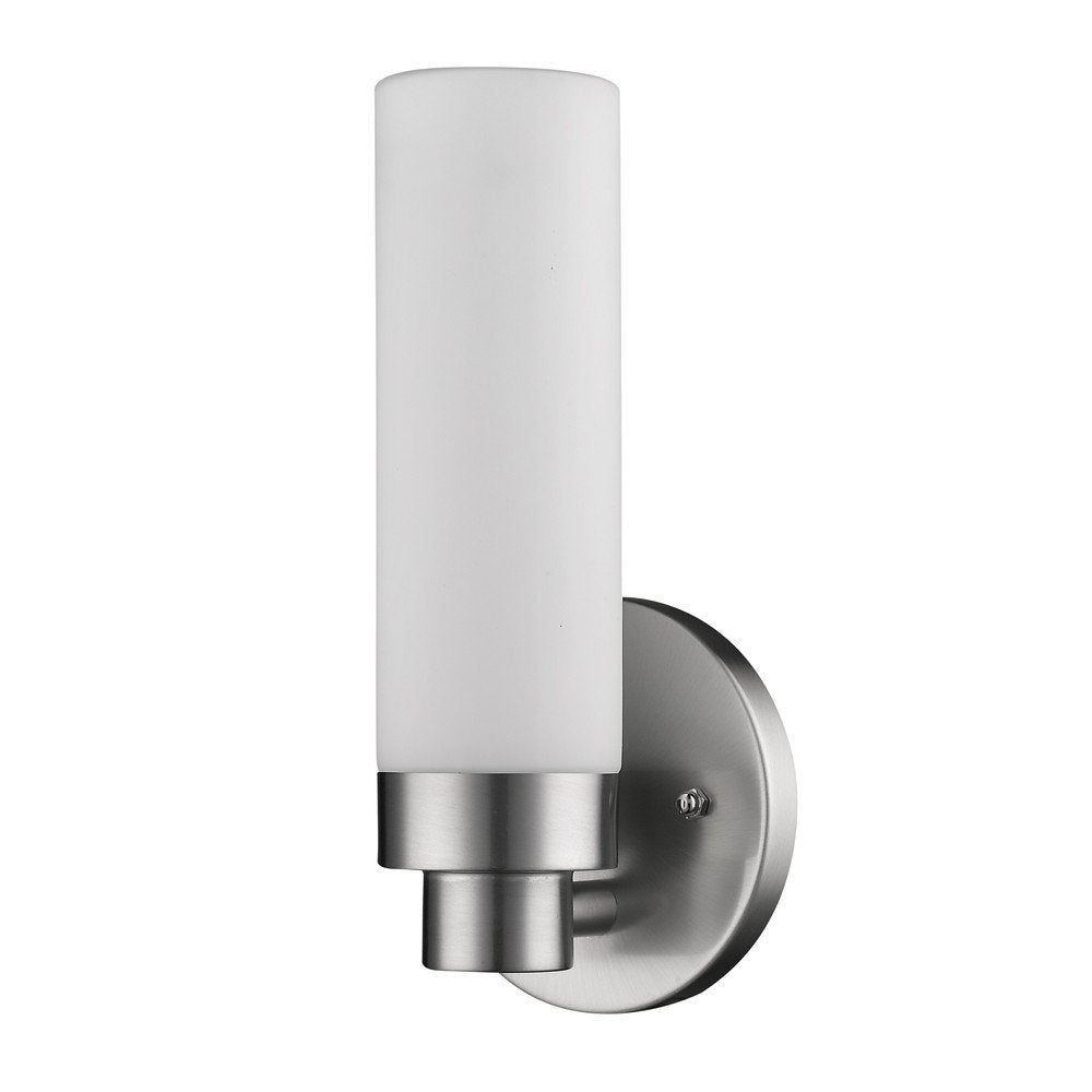 Silver Wall Light with Narrow Frosted Glass Shade on a white background