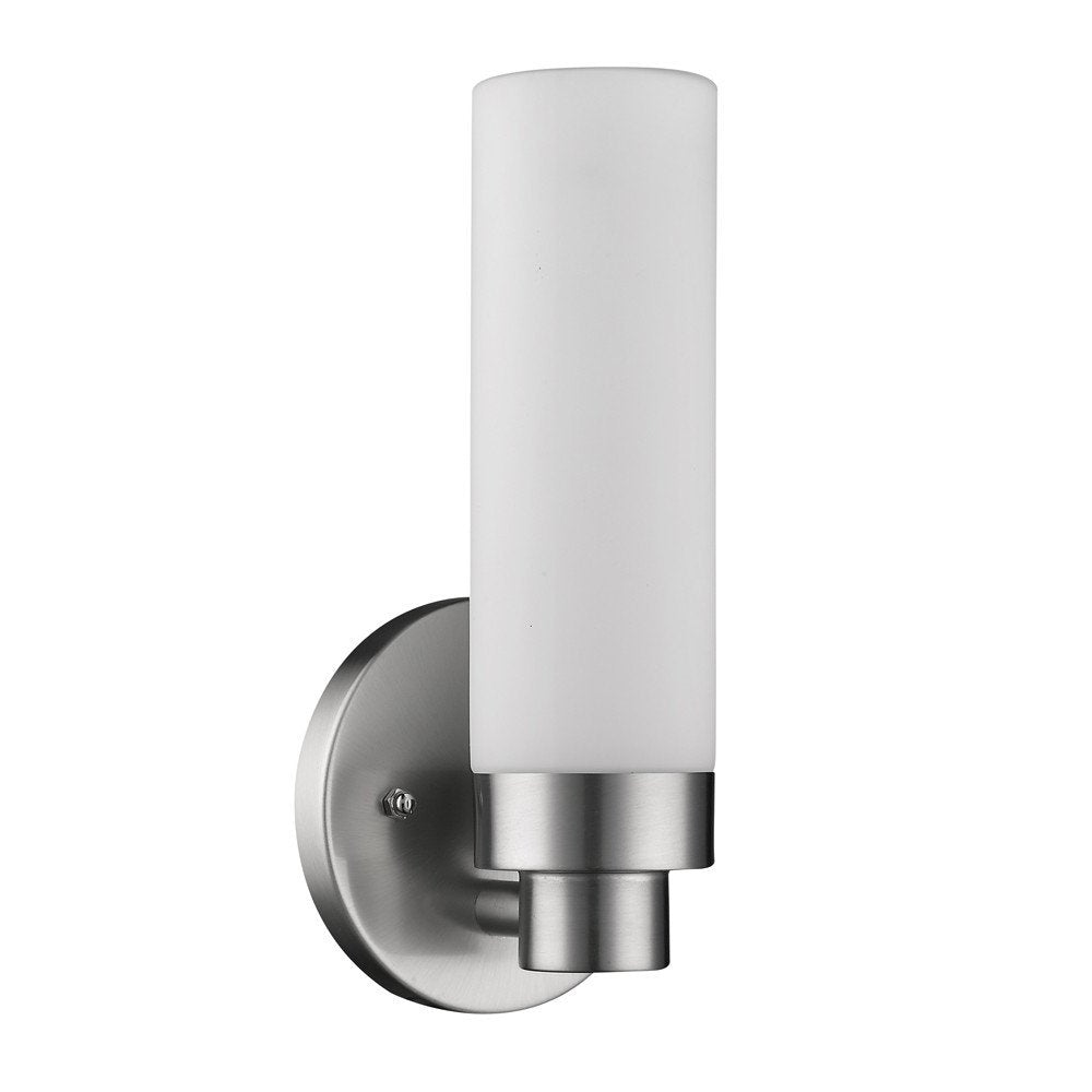 Silver Wall Light with Narrow Frosted Glass Shade on a white background