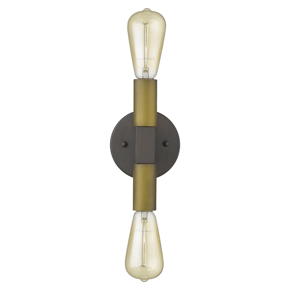 Two Light Brass and Wood Wall Sconce on a white background