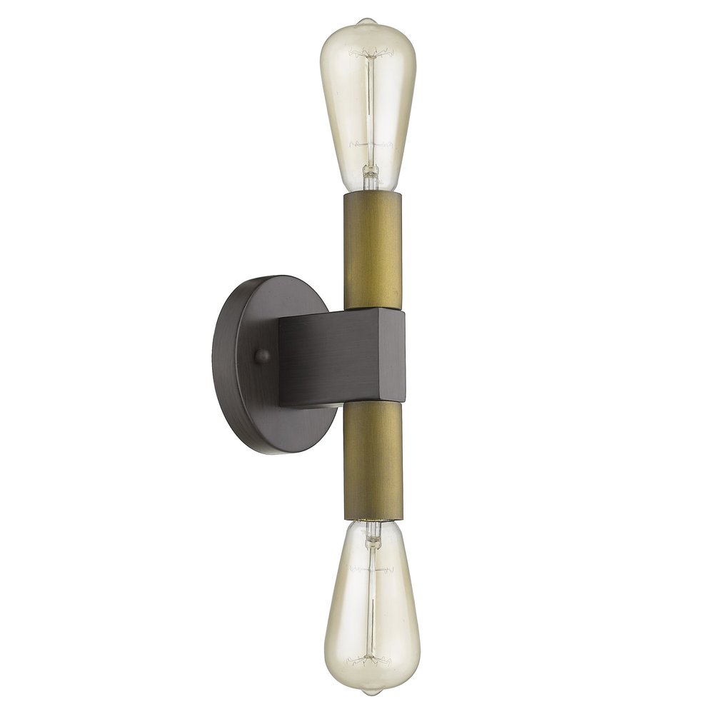Two Light Brass and Wood Wall Sconce on a white background