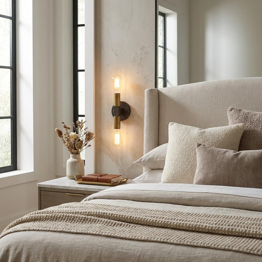 Two Light Brass and Wood Wall Sconce in a home interior