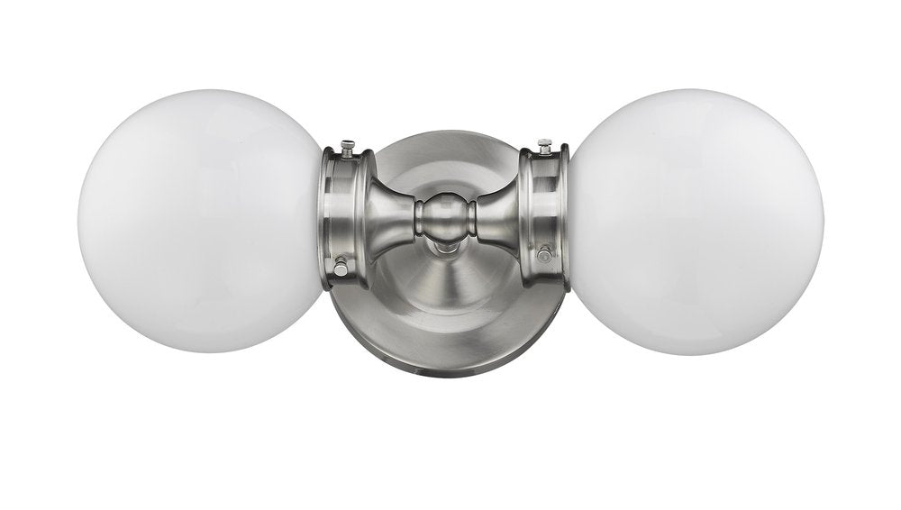 Two Light Silver Wall Sconce with Round Frosted Glass Shade on a white background
