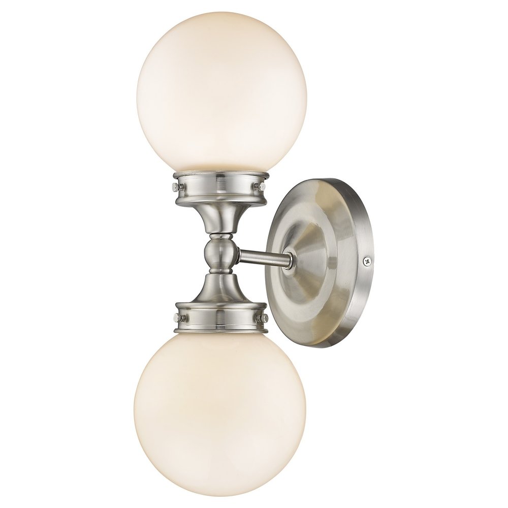Two Light Silver Wall Sconce with Round Frosted Glass Shade on a white background