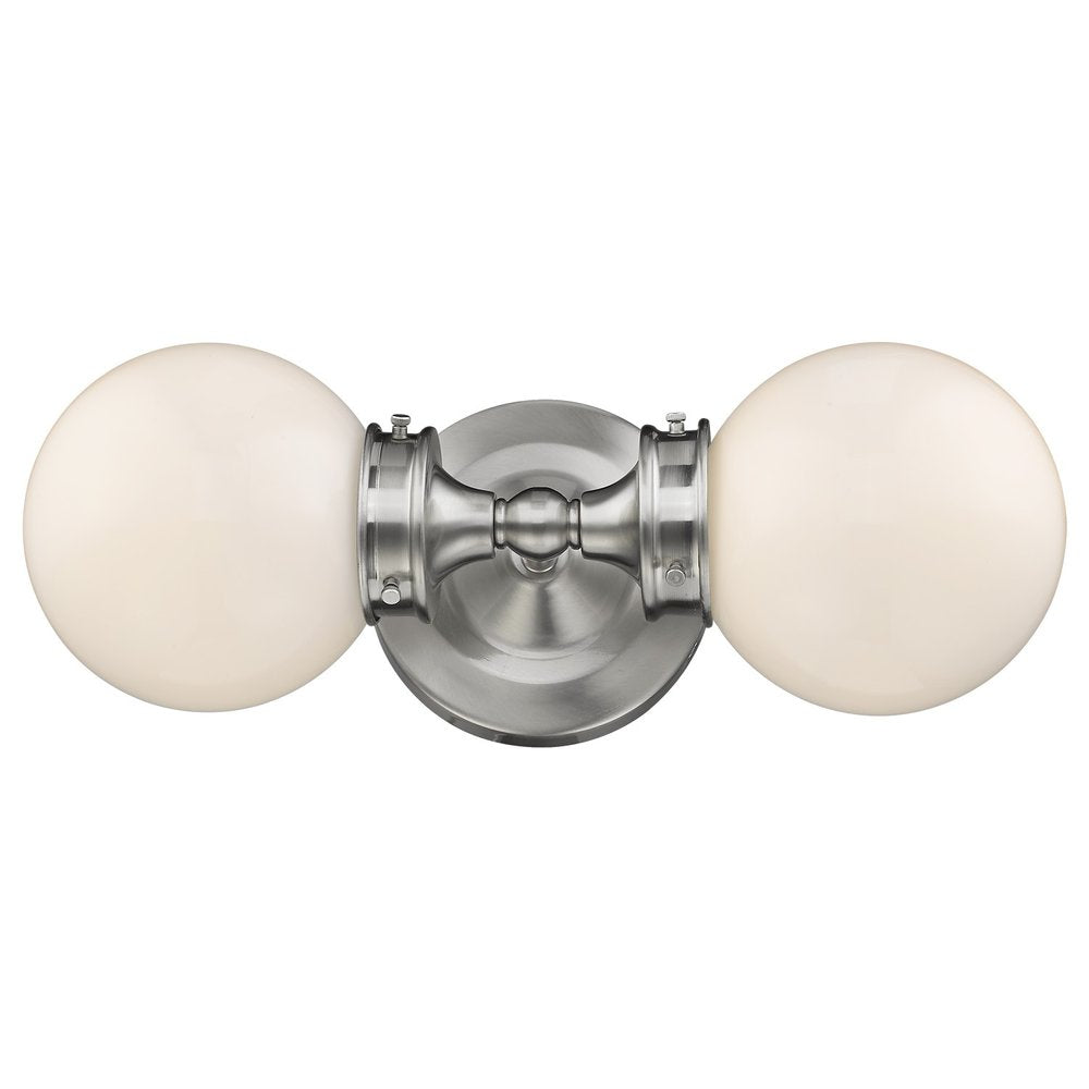 Two Light Silver Wall Sconce with Round Frosted Glass Shade on a white background