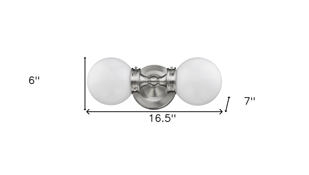 Two Light Silver Wall Sconce with Round Frosted Glass Shade on a white background