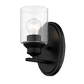 One Light Matte Black Wall Light with Clear Glass Shade on a white background