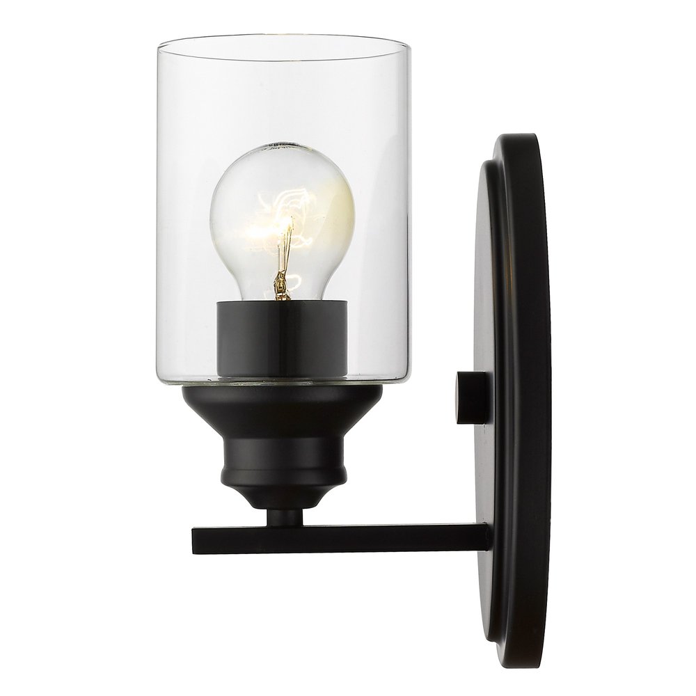 One Light Matte Black Wall Light with Clear Glass Shade on a white background