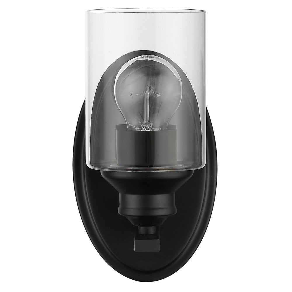 One Light Matte Black Wall Light with Clear Glass Shade on a white background
