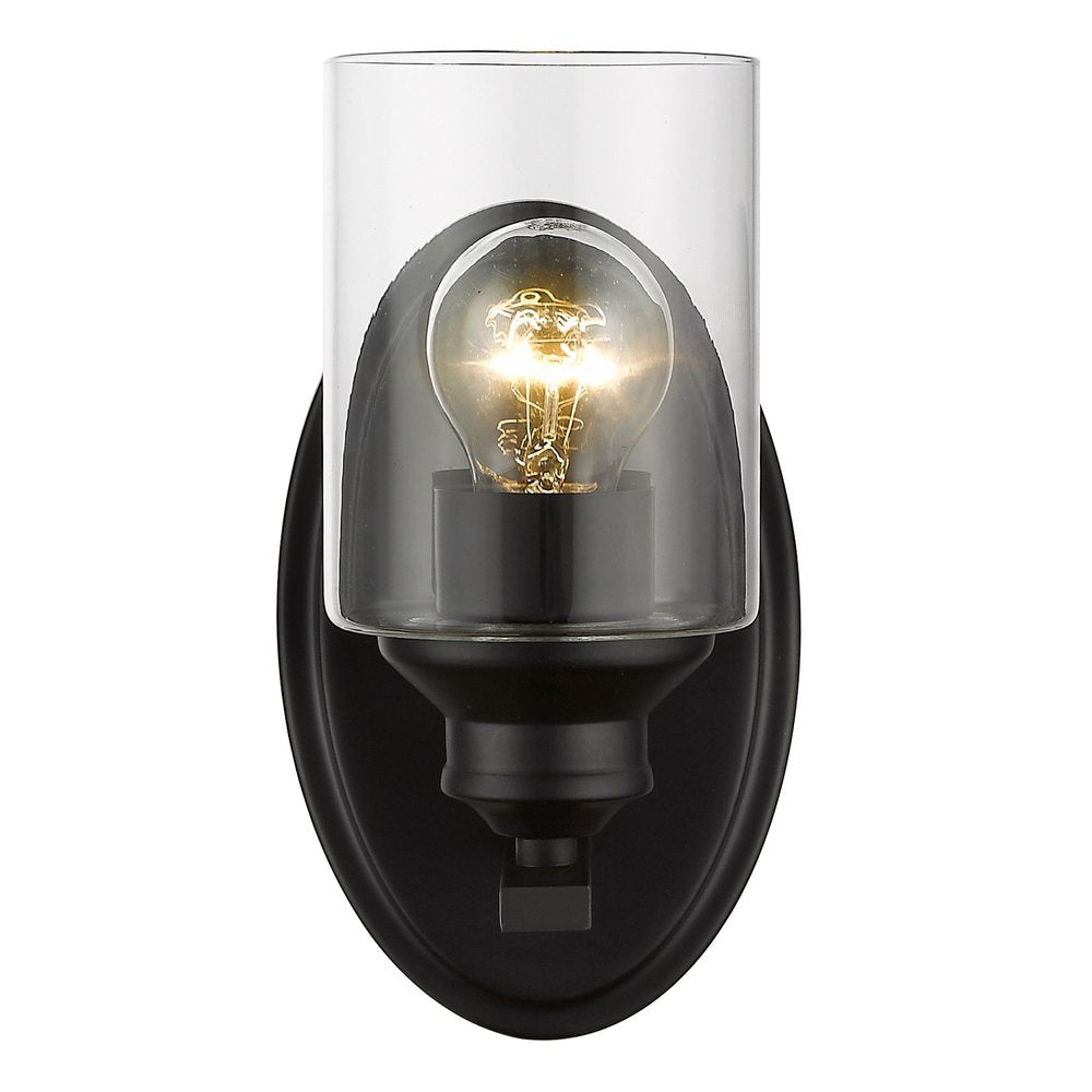 One Light Matte Black Wall Light with Clear Glass Shade on a white background