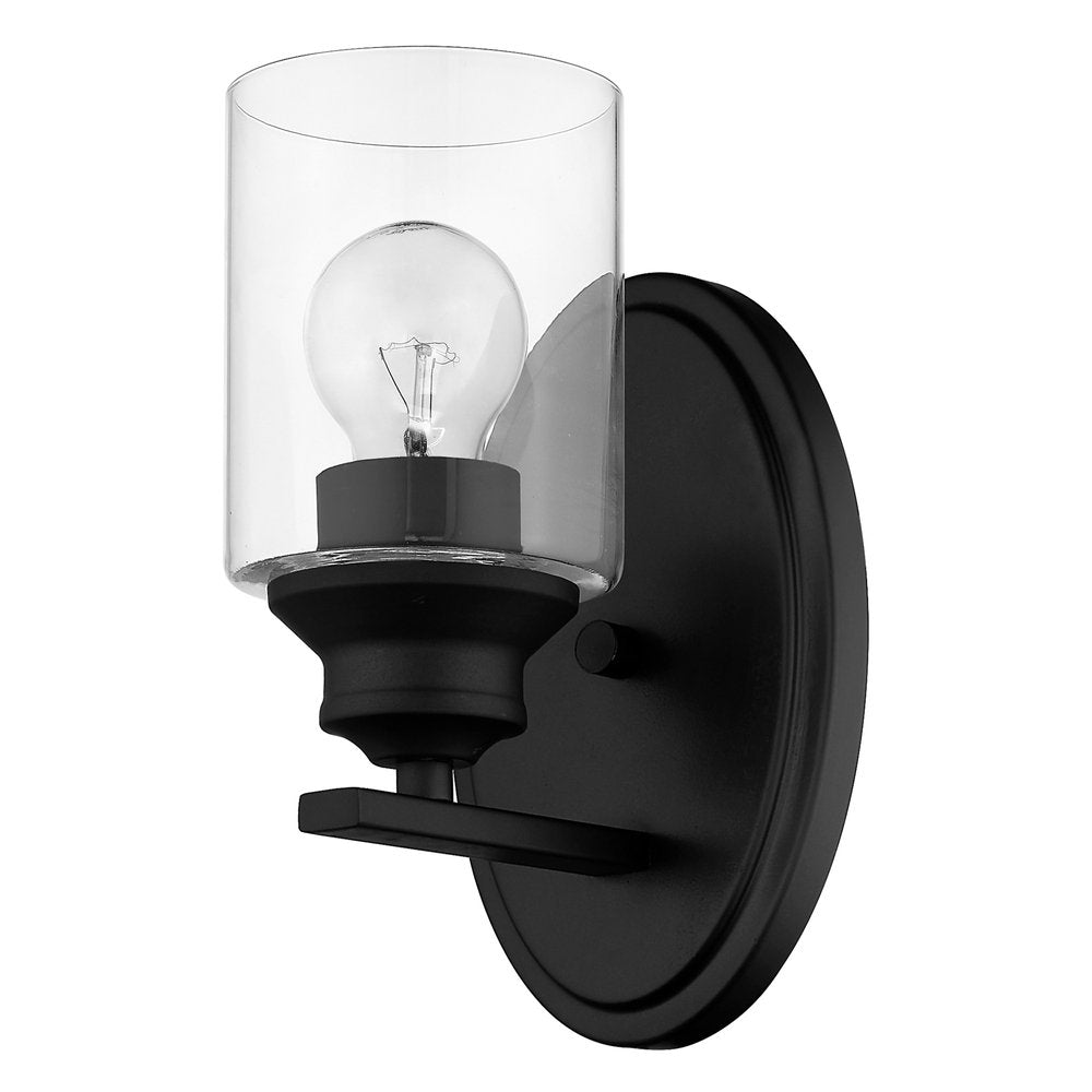 One Light Matte Black Wall Light with Clear Glass Shade on a white background