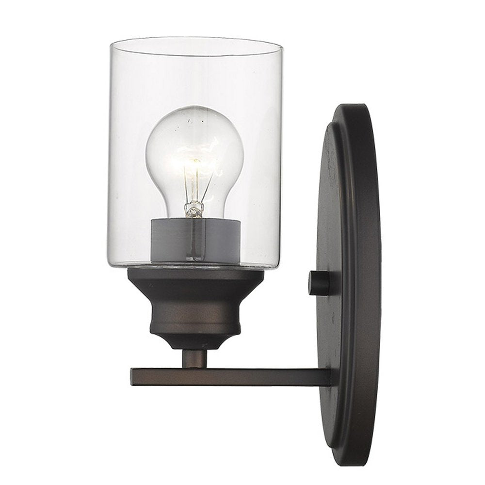 One Light Bronze Wall Light with Clear Glass Shade on a white background