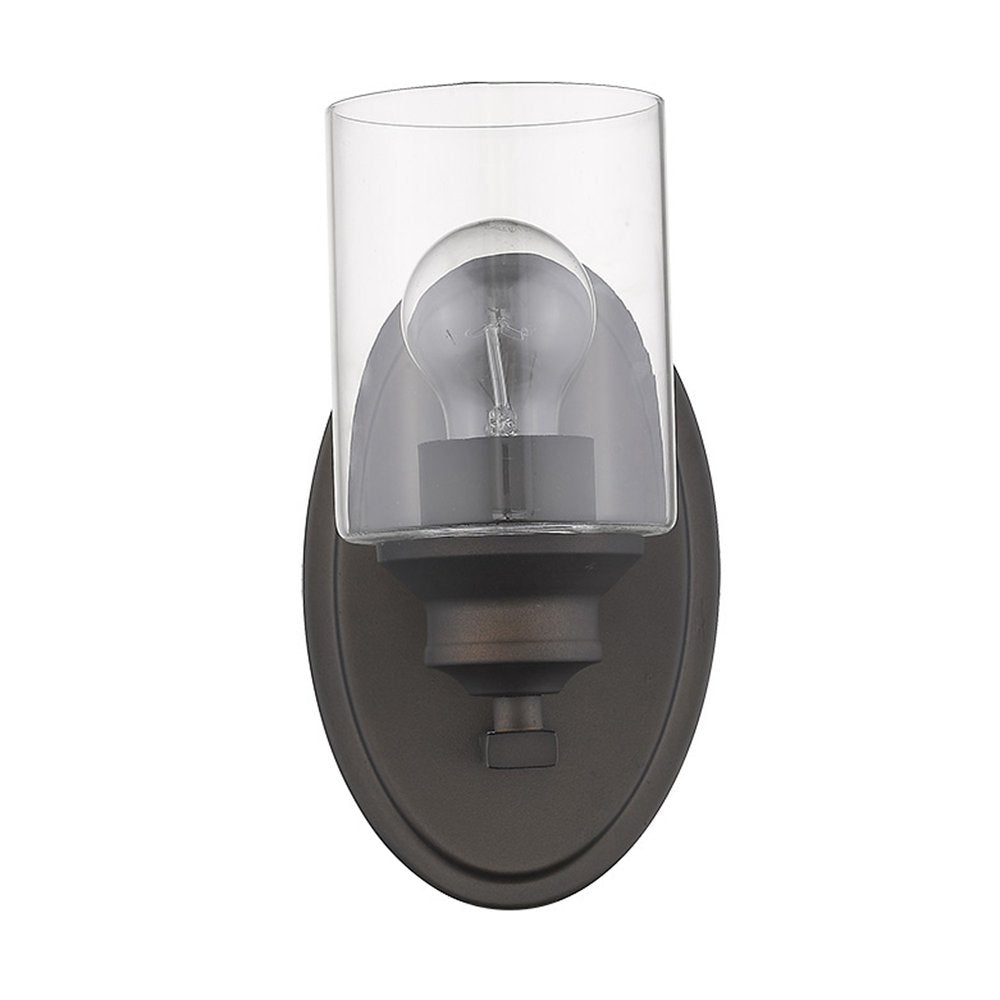 One Light Bronze Wall Light with Clear Glass Shade on a white background